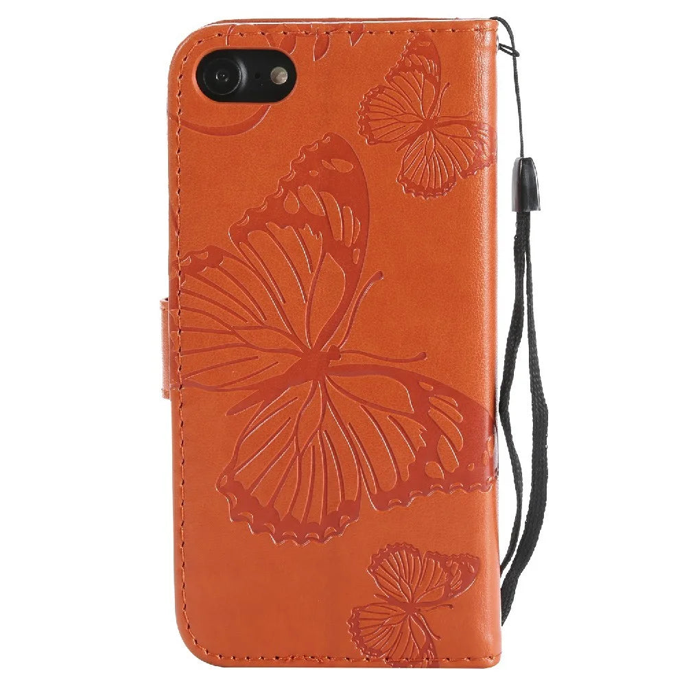 For iPhone SE (2022) / SE (2020) / 8 / 7 Wallet Case Floral Butterfly Imprinted Leather Phone Cover Stand - Orange - 3
