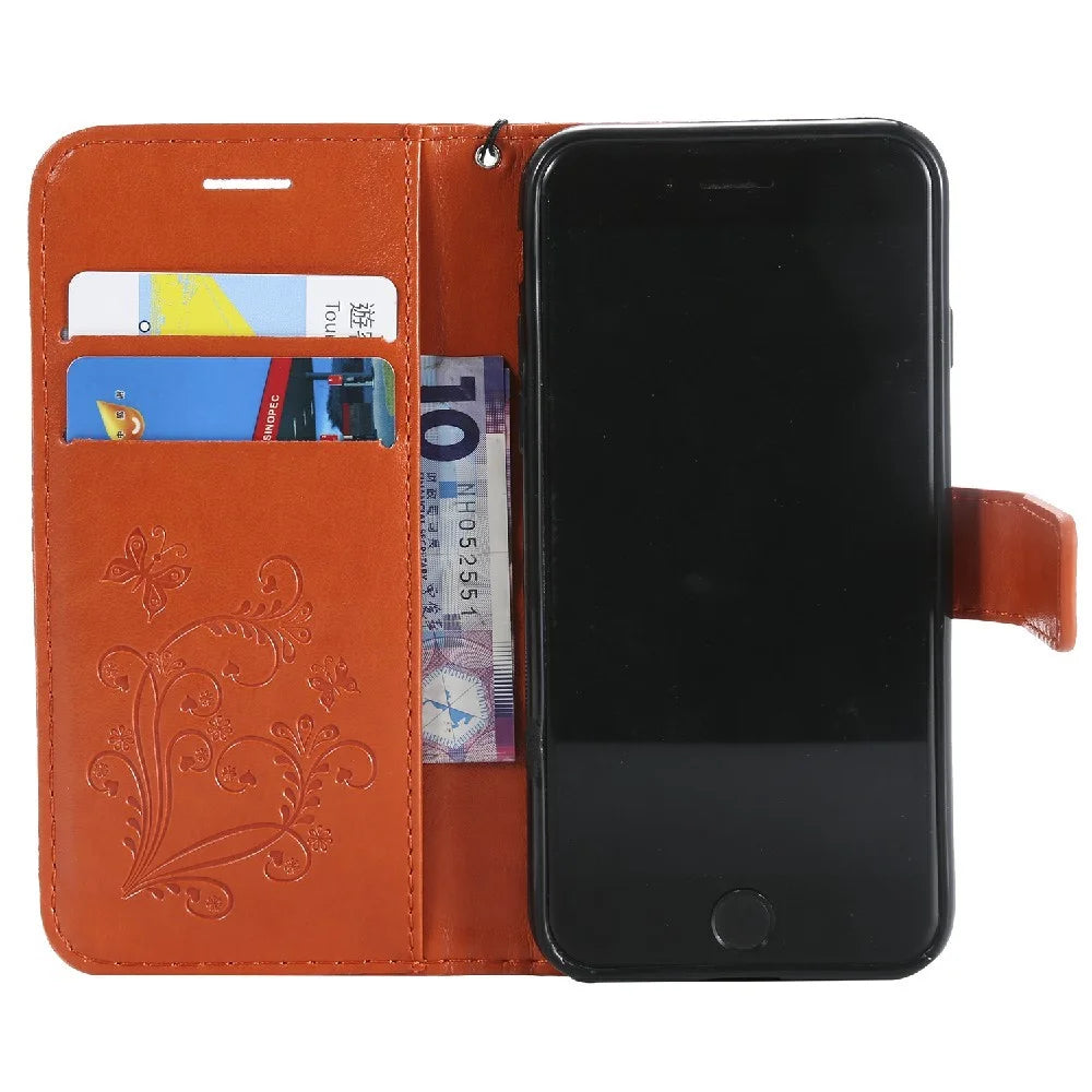 For iPhone SE (2022) / SE (2020) / 8 / 7 Wallet Case Floral Butterfly Imprinted Leather Phone Cover Stand - Orange - 4