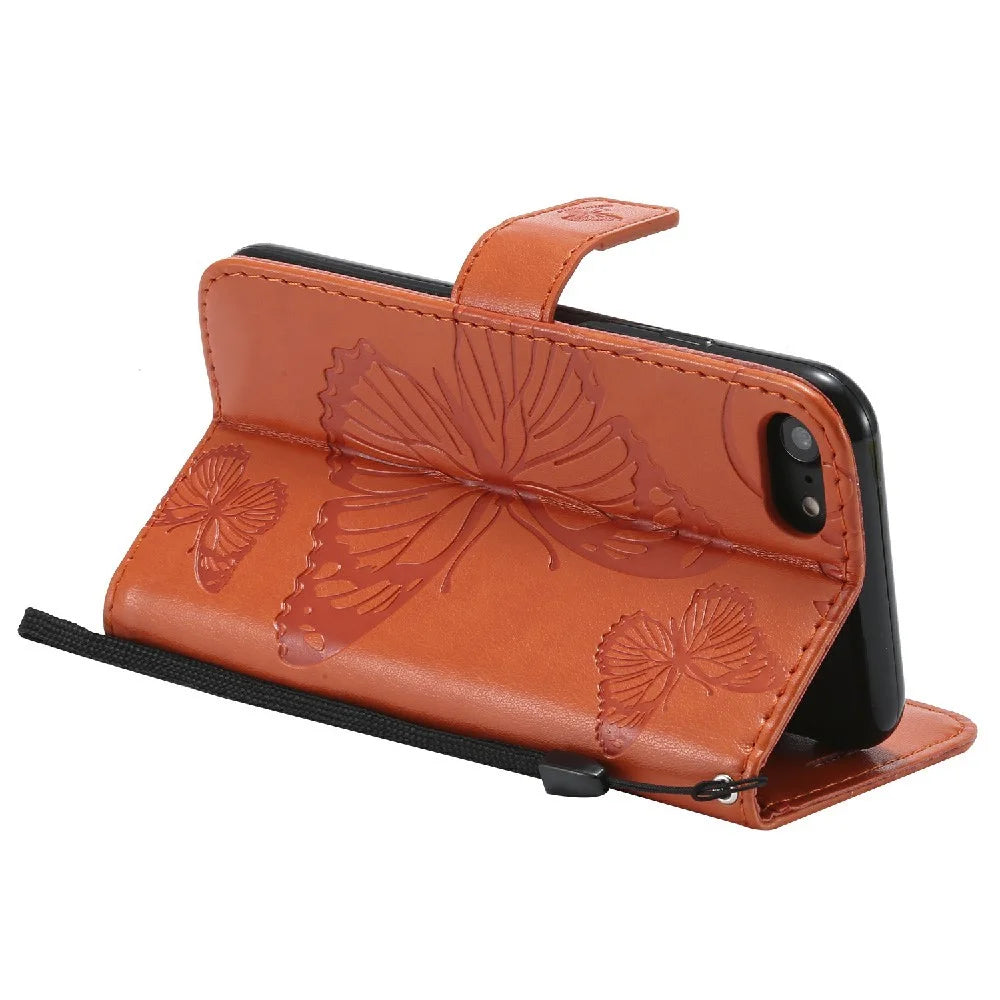 For iPhone SE (2022) / SE (2020) / 8 / 7 Wallet Case Floral Butterfly Imprinted Leather Phone Cover Stand - Orange - 5