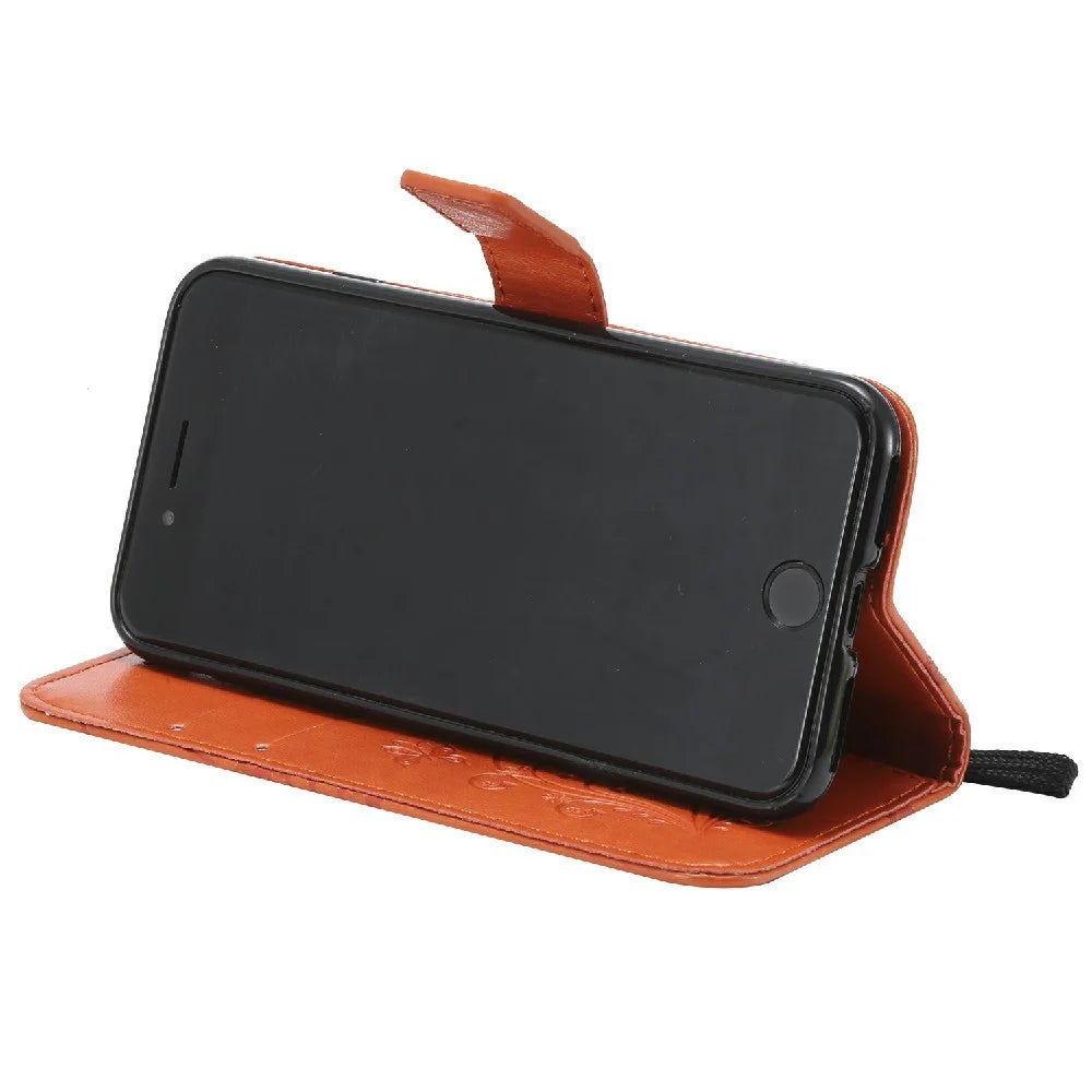 For iPhone SE (2022) / SE (2020) / 8 / 7 Wallet Case Floral Butterfly Imprinted Leather Phone Cover Stand - Orange - 6