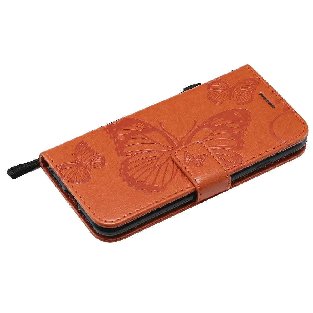 For iPhone SE (2022) / SE (2020) / 8 / 7 Wallet Case Floral Butterfly Imprinted Leather Phone Cover Stand - Orange - 7