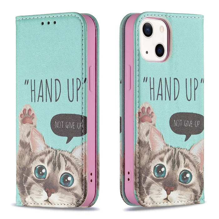 Pattern Printing Magnetic Auto-absorbed Leather Case Wallet Stand Phone Cover for iPhone 13 mini 5.4 inch - Cat - 1