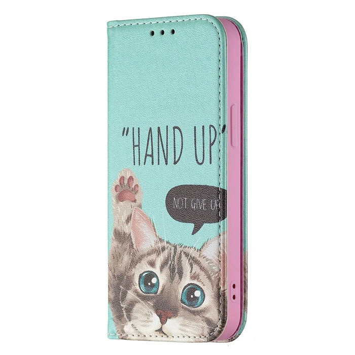 Pattern Printing Magnetic Auto-absorbed Leather Case Wallet Stand Phone Cover for iPhone 13 mini 5.4 inch - Cat - 2