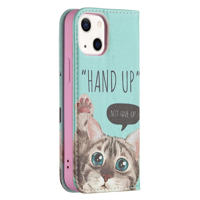 Pattern Printing Magnetic Auto-absorbed Leather Case Wallet Stand Phone Cover for iPhone 13 mini 5.4 inch - Cat - 3