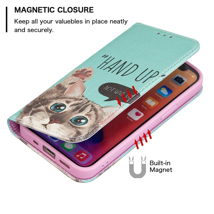 Pattern Printing Magnetic Auto-absorbed Leather Case Wallet Stand Phone Cover for iPhone 13 mini 5.4 inch - Cat - 5