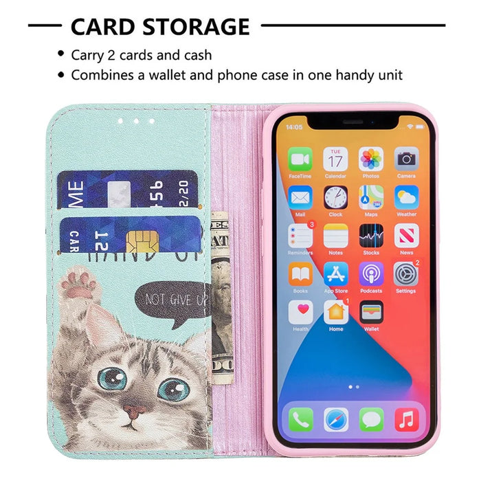 Pattern Printing Magnetic Auto-absorbed Leather Case Wallet Stand Phone Cover for iPhone 13 mini 5.4 inch - Cat - 6