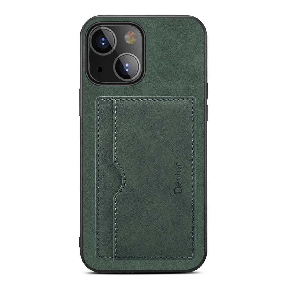 Kickstand Card Holder Slim PU Leather + TPU Bumper + PC Back Protective Case for iPhone 13 6.1 inch - Green - 1