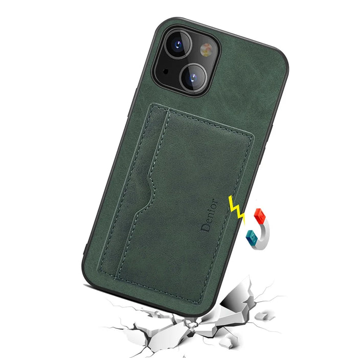 Kickstand Card Holder Slim PU Leather + TPU Bumper + PC Back Protective Case for iPhone 13 6.1 inch - Green - 2