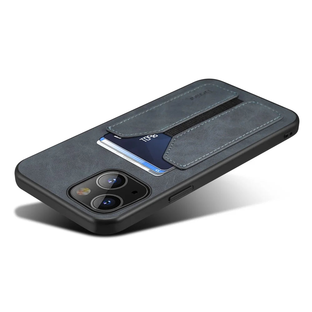 Premium PU Leather TPU Bumper PC Protection Case with Elastic Card Slot for iPhone 13 mini 5.4 inch - Dark Grey - 4