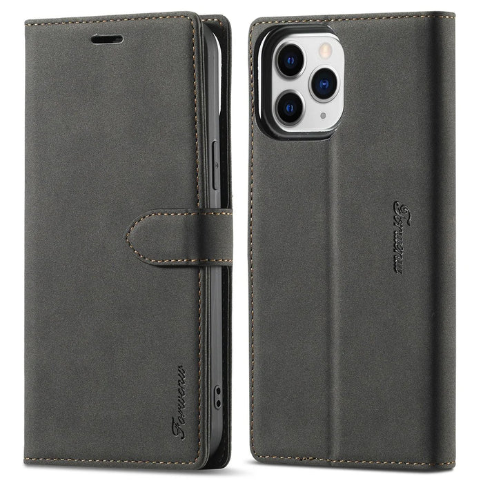 FORWENW F1 Series Leather Mobile Phone Cover Case Shell with Wallet Stand for iPhone 13 Pro Max 6.7 inch - Black - 1