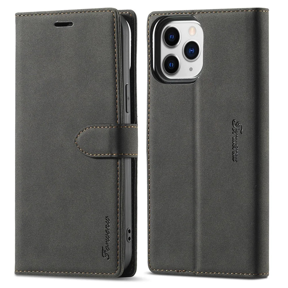 FORWENW F1 Series Fashion Style Drop-Resistant Skin Feeling Leather Case for iPhone 13 Pro 6.1 inch - Black - 1