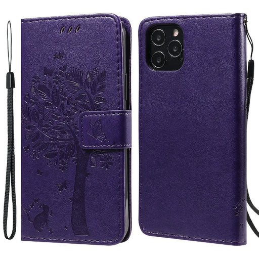 For iPhone 12 / 12 Pro Phone Case with Stand Cat Tree Pattern Leather Wallet Mobile Cover - Purple - 1