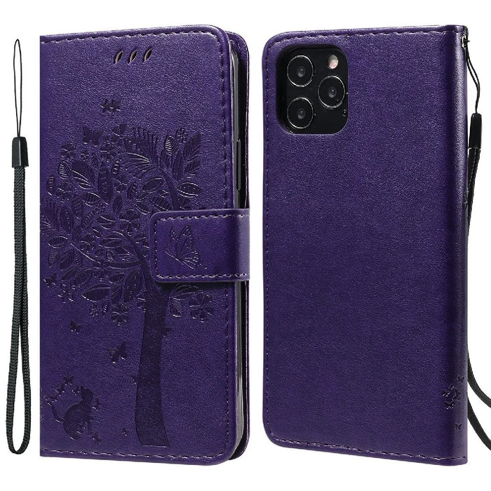 For iPhone 12 / 12 Pro Phone Case with Stand Cat Tree Pattern Leather Wallet Mobile Cover - Purple - 1