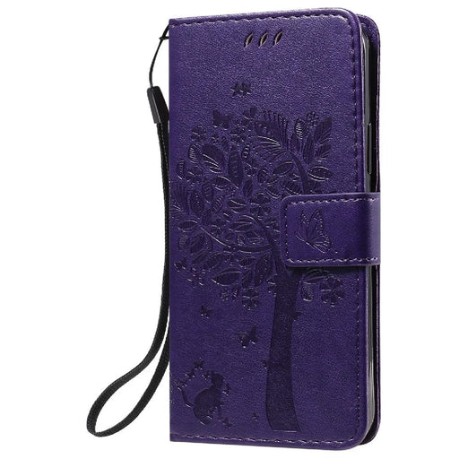 For iPhone 12 / 12 Pro Phone Case with Stand Cat Tree Pattern Leather Wallet Mobile Cover - Purple - 2