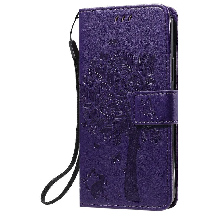 For iPhone 12 / 12 Pro Phone Case with Stand Cat Tree Pattern Leather Wallet Mobile Cover - Purple - 2