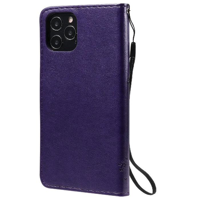 For iPhone 12 / 12 Pro Phone Case with Stand Cat Tree Pattern Leather Wallet Mobile Cover - Purple - 3