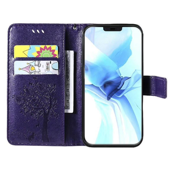 For iPhone 12 / 12 Pro Phone Case with Stand Cat Tree Pattern Leather Wallet Mobile Cover - Purple - 4