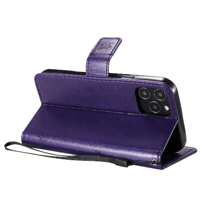 For iPhone 12 / 12 Pro Phone Case with Stand Cat Tree Pattern Leather Wallet Mobile Cover - Purple - 5