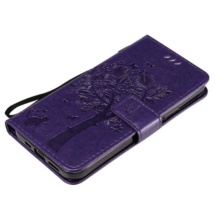 For iPhone 12 / 12 Pro Phone Case with Stand Cat Tree Pattern Leather Wallet Mobile Cover - Purple - 7