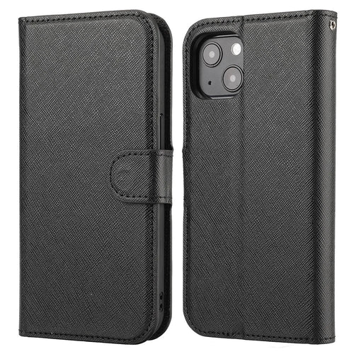 Cross Texture Detachable 2-in-1 Wallet Stand Leather Case TPU Phone Shell for iPhone 13 6.1 inch - Black - 1