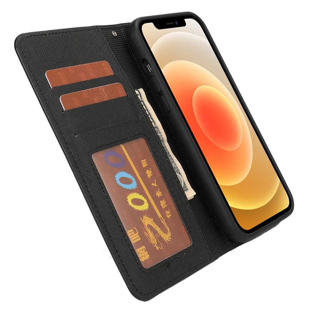 Cross Texture Detachable 2-in-1 Wallet Stand Leather Case TPU Phone Shell for iPhone 13 6.1 inch - Black - 6