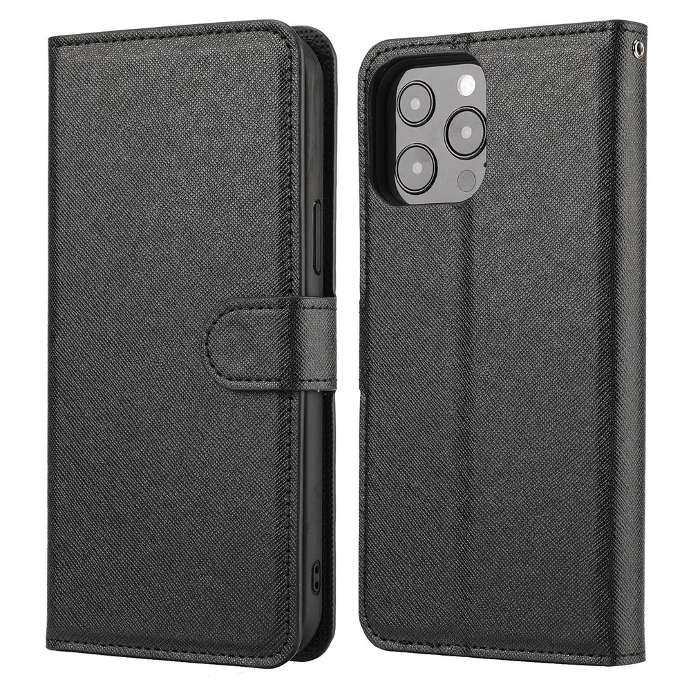 Cross Texture Wallet Stand Design Detachable Leather Phone Case Protector for iPhone 13 Pro 6.1 inch - Black - 1