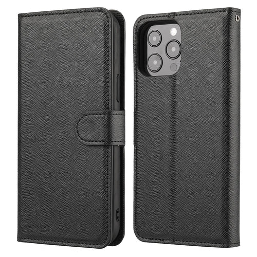 Cross Texture Wallet Stand Design Detachable Leather Phone Case Protector for iPhone 13 Pro 6.1 inch - Black - 1