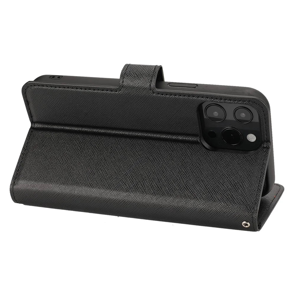 Cross Texture Wallet Stand Design Detachable Leather Phone Case Protector for iPhone 13 Pro 6.1 inch - Black - 5