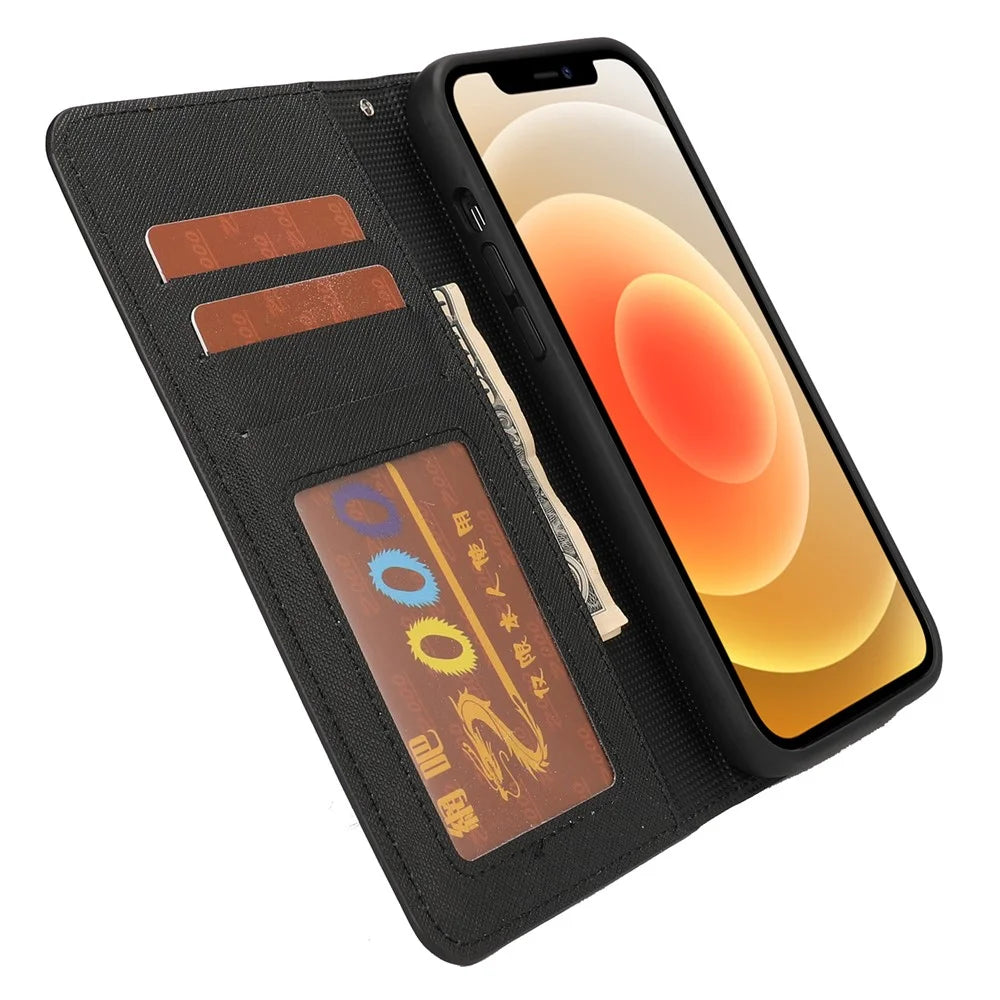 Cross Texture Wallet Stand Design Detachable Leather Phone Case Protector for iPhone 13 Pro 6.1 inch - Black - 6