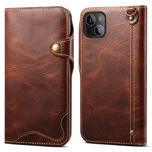 Folio Flip Genuine Leather Wallet Cover Shell with Strap for iPhone 13 6.1 inch - Brown - 1