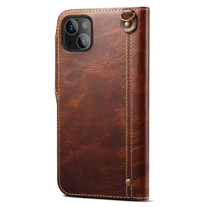Folio Flip Genuine Leather Wallet Cover Shell with Strap for iPhone 13 6.1 inch - Brown - 3
