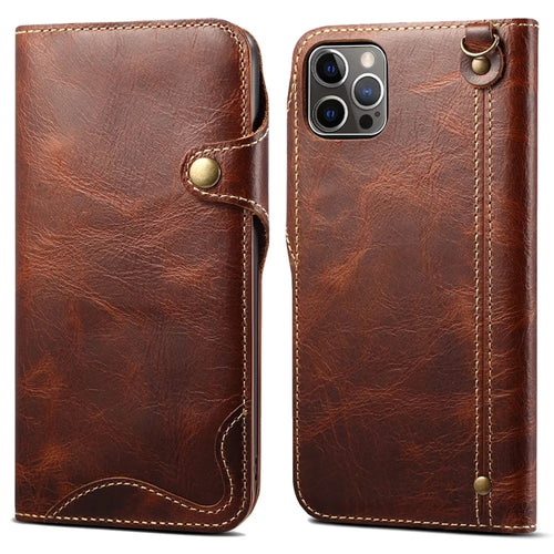 Full Protective Genuine Leather Wallet Phone Shell Cover with Lanyard for iPhone 13 Pro 6.1 inch - Brown - 1