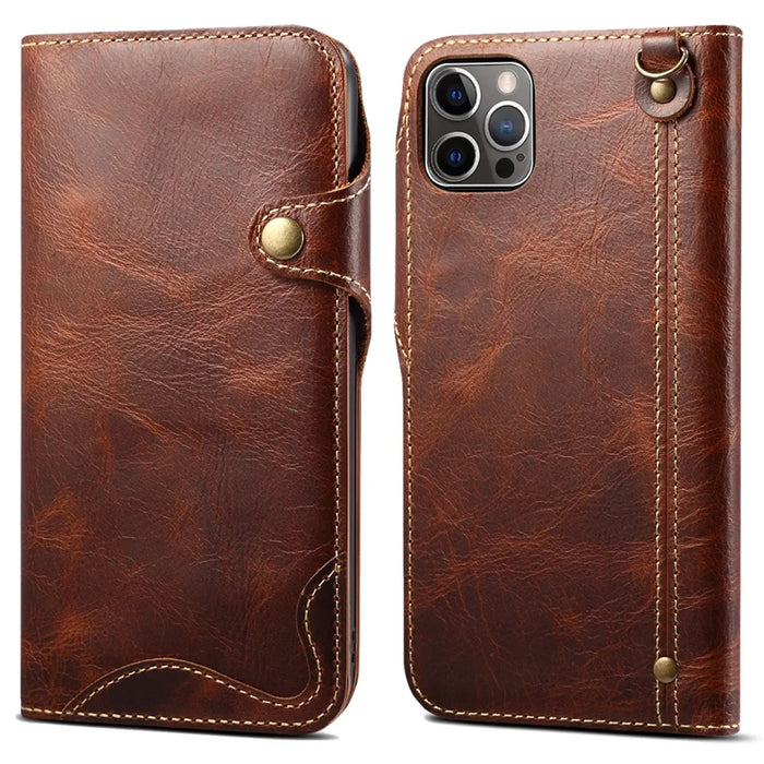 Full Protective Genuine Leather Wallet Phone Shell Cover with Lanyard for iPhone 13 Pro 6.1 inch - Brown - 1