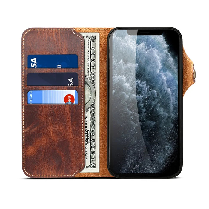 Full Protective Genuine Leather Wallet Phone Shell Cover with Lanyard for iPhone 13 Pro 6.1 inch - Brown - 5