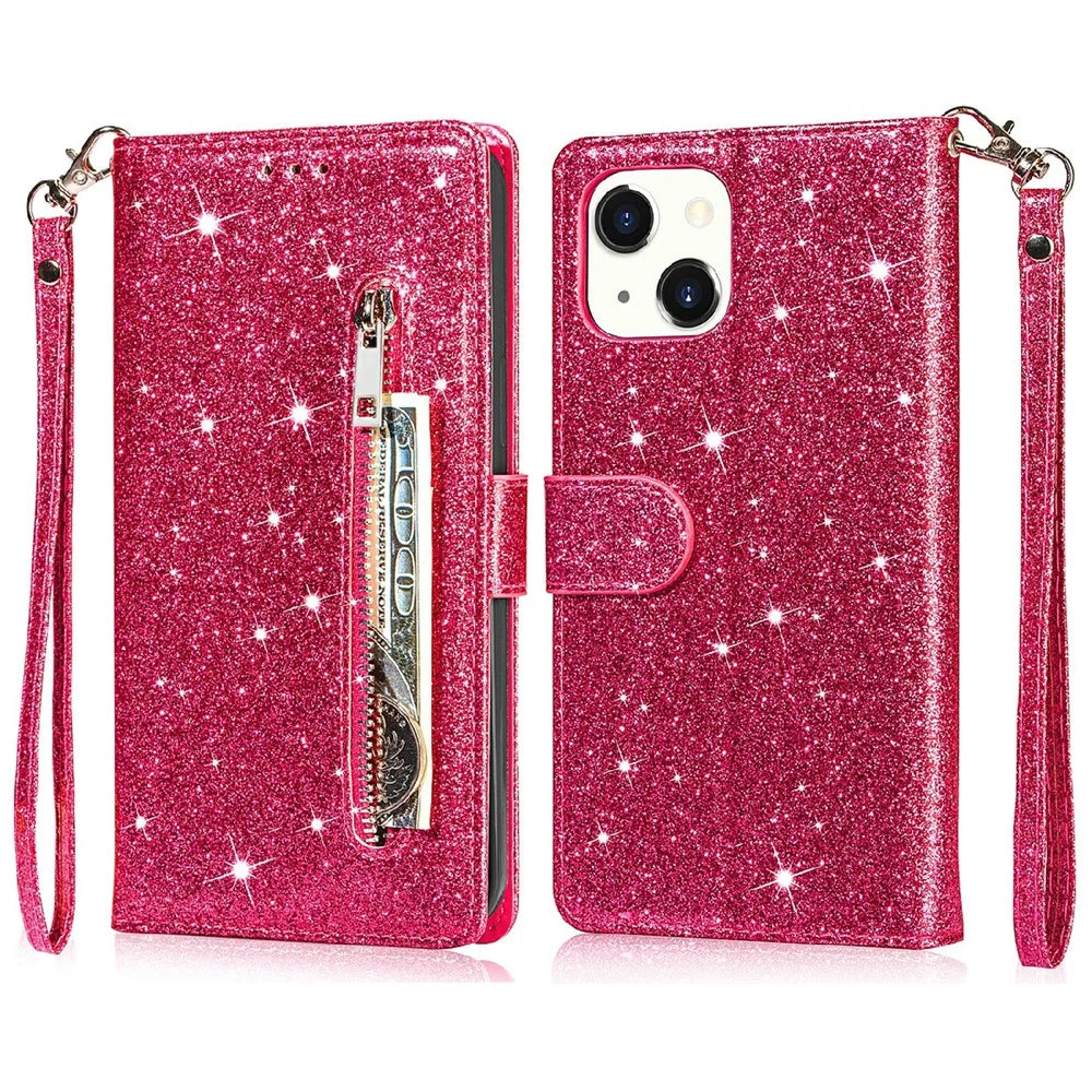 Glitter Sequins Magnetic Clasp Shockproof Stylish Zipper Pocket Wallet Flip Leather Phone Case with Stand for iPhone 13 6.1 inch - Rose - 1