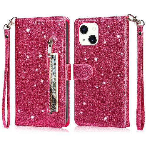 Glitter Sequins Magnetic Clasp Shockproof Stylish Zipper Pocket Wallet Flip Leather Phone Case with Stand for iPhone 13 6.1 inch - Rose - 1