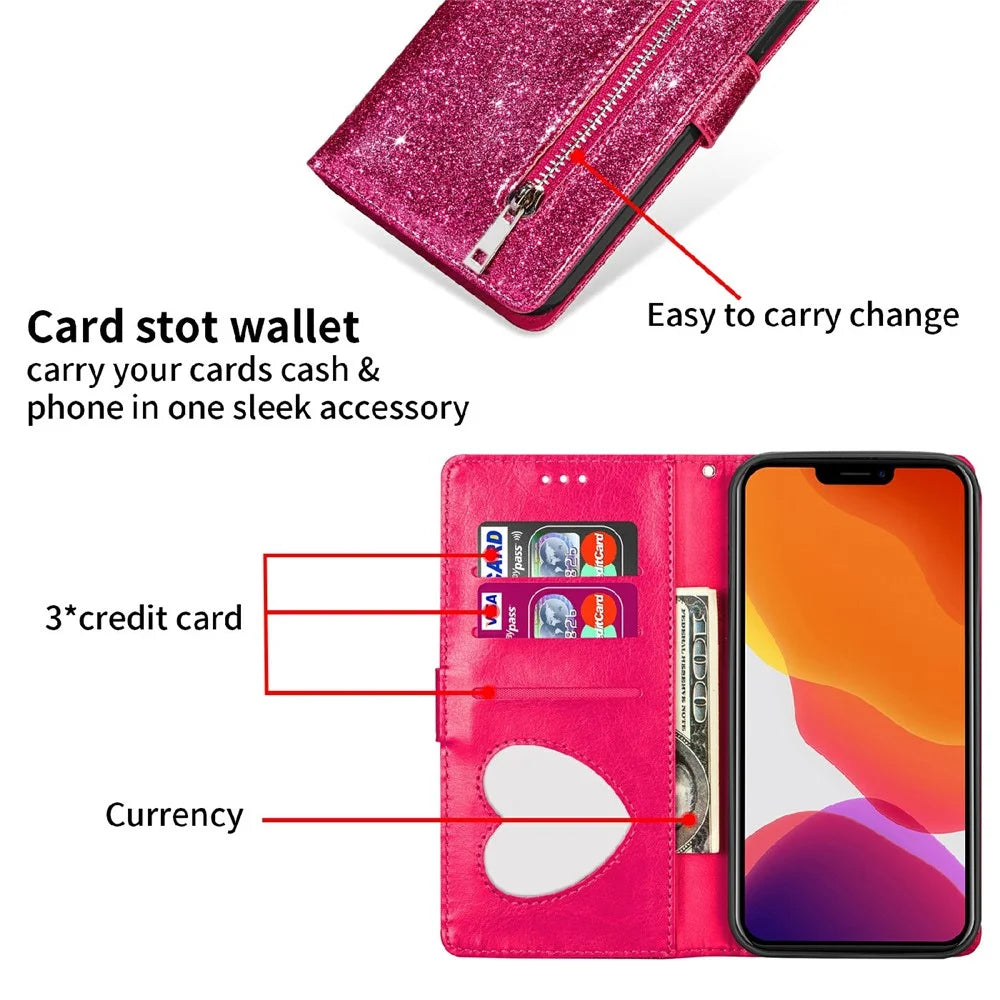 Glitter Sequins Magnetic Clasp Shockproof Stylish Zipper Pocket Wallet Flip Leather Phone Case with Stand for iPhone 13 6.1 inch - Rose - 2