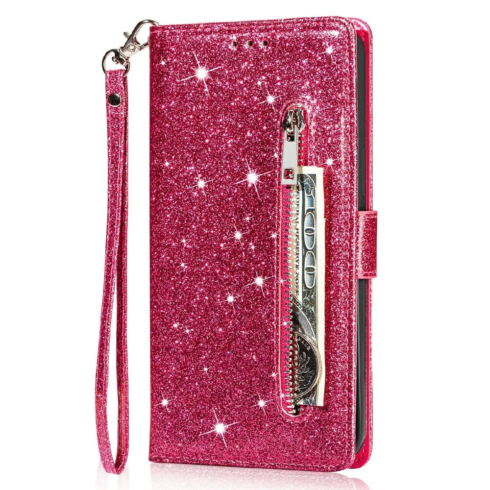 Glitter Sequins Magnetic Clasp Shockproof Stylish Zipper Pocket Wallet Flip Leather Phone Case with Stand for iPhone 13 6.1 inch - Rose - 5