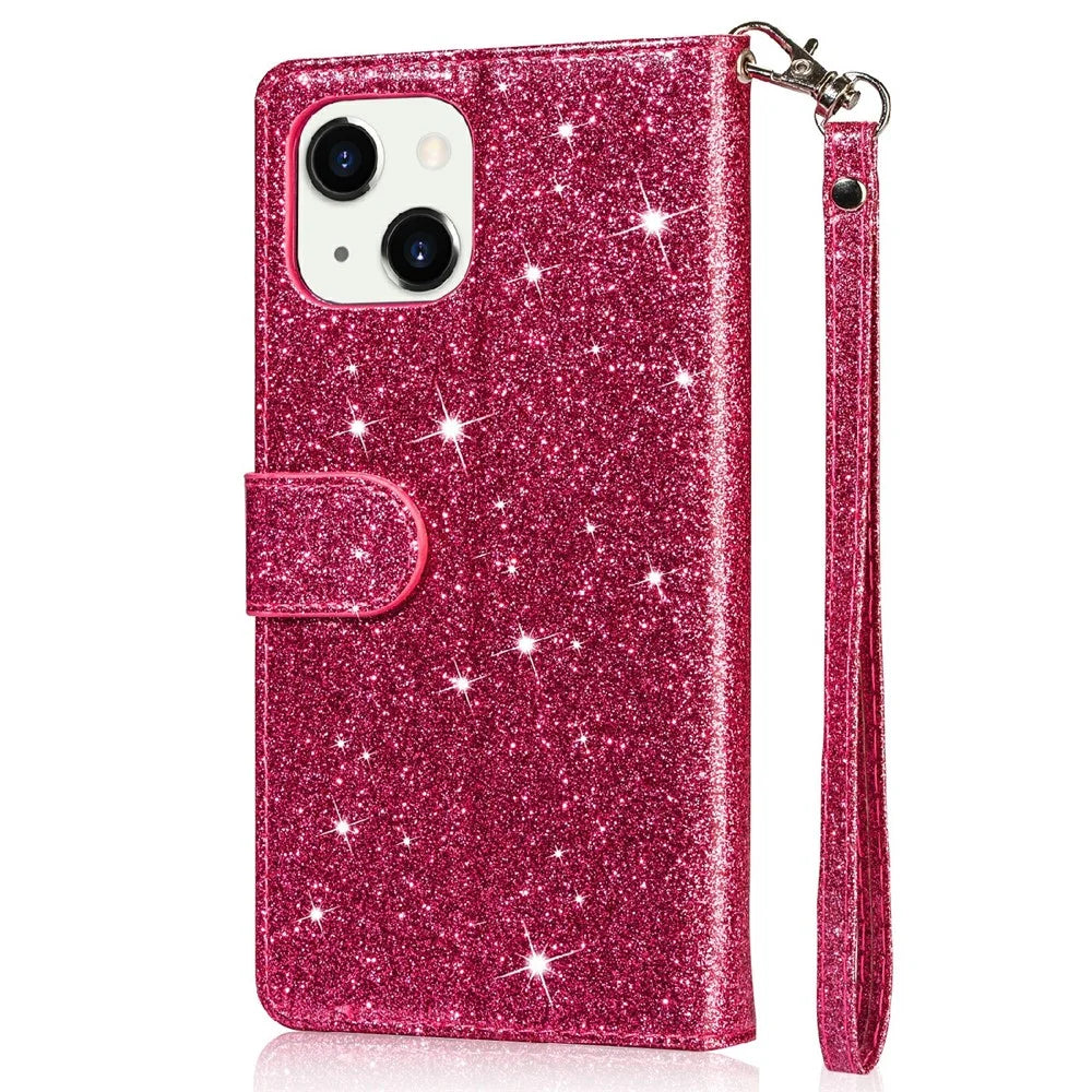 Glitter Sequins Magnetic Clasp Shockproof Stylish Zipper Pocket Wallet Flip Leather Phone Case with Stand for iPhone 13 6.1 inch - Rose - 6