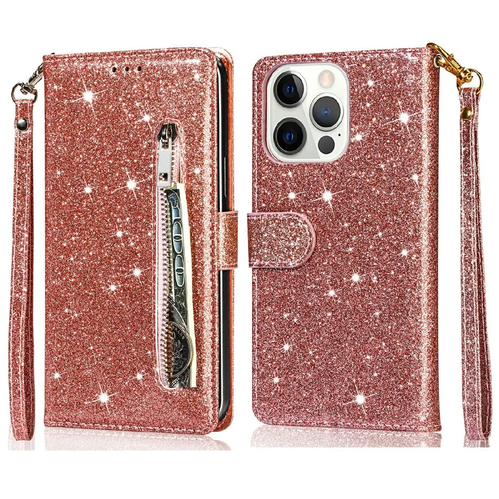 Glitter Sequins Wrist Strap Zipper Pocket Wallet Flip Leather Phone Case with Stand for iPhone 13 Pro Max 6.7 inch - Rose Gold - 1