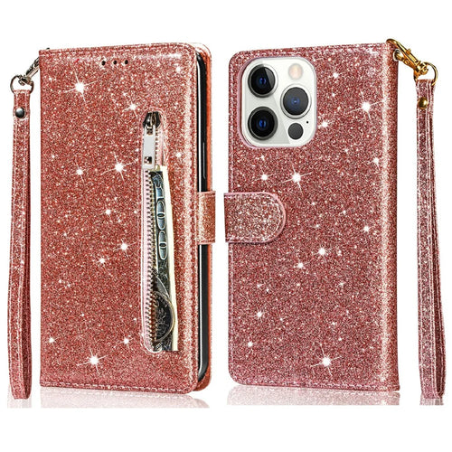Glitter Sequins Wrist Strap Zipper Pocket Wallet Flip Leather Phone Case with Stand for iPhone 13 Pro Max 6.7 inch - Rose Gold - 1