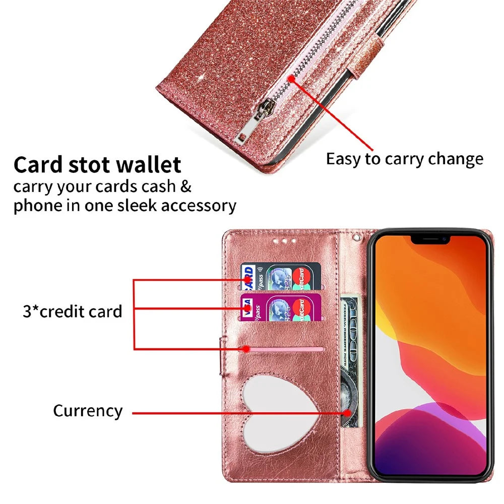 Glitter Sequins Wrist Strap Zipper Pocket Wallet Flip Leather Phone Case with Stand for iPhone 13 Pro Max 6.7 inch - Rose Gold - 2