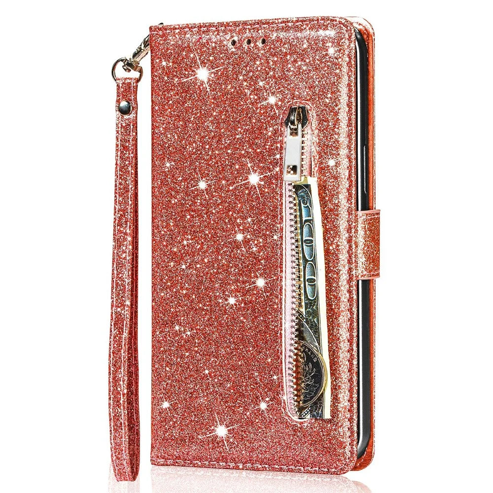 Glitter Sequins Wrist Strap Zipper Pocket Wallet Flip Leather Phone Case with Stand for iPhone 13 Pro Max 6.7 inch - Rose Gold - 5