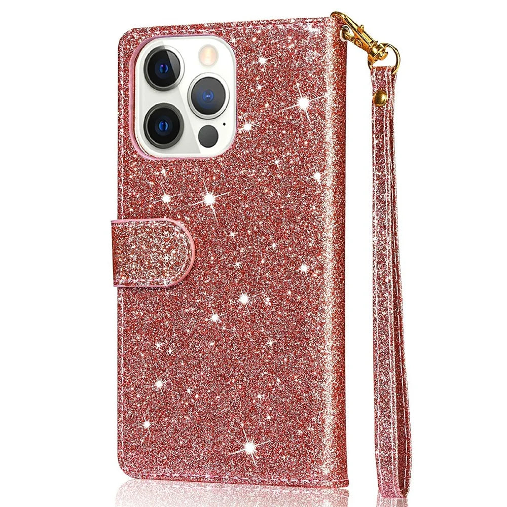 Glitter Sequins Wrist Strap Zipper Pocket Wallet Flip Leather Phone Case with Stand for iPhone 13 Pro Max 6.7 inch - Rose Gold - 6