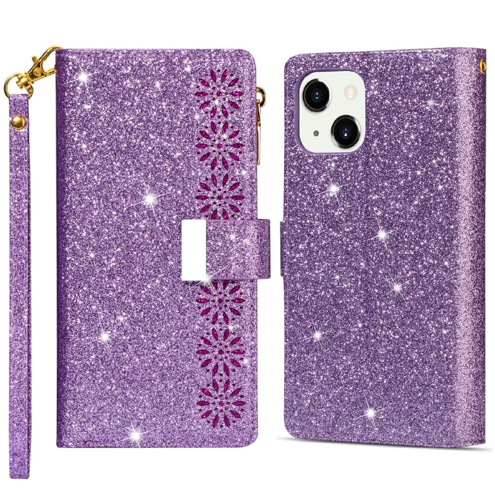 Glittery Starry Style Laser Carving Zipper Wallet Stand Leather Phone Case for iPhone 13 mini 5.4 inch - Purple - 1