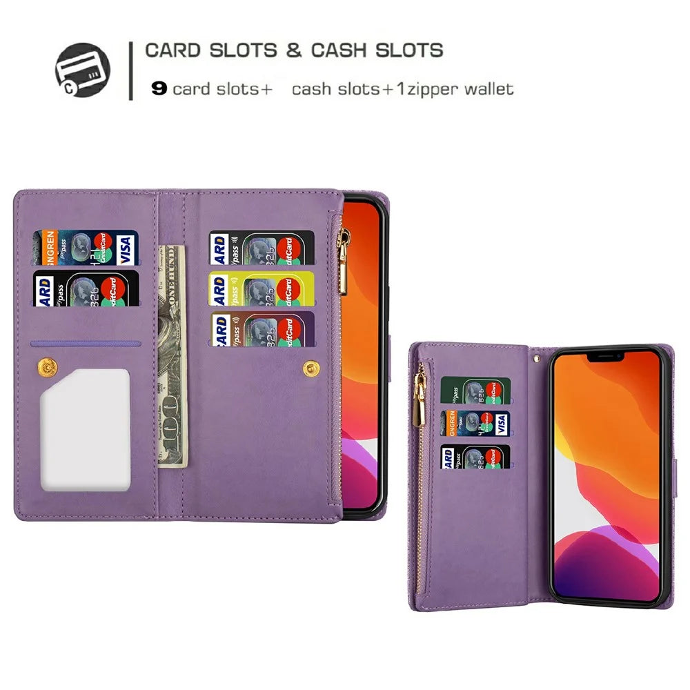 Glittery Starry Style Laser Carving Zipper Wallet Stand Leather Phone Case for iPhone 13 mini 5.4 inch - Purple - 2