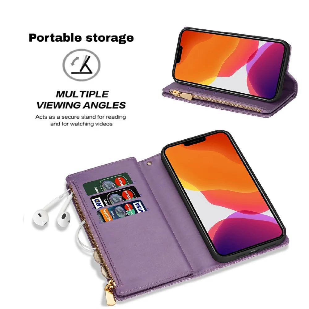 Glittery Starry Style Laser Carving Zipper Wallet Stand Leather Phone Case for iPhone 13 mini 5.4 inch - Purple - 3