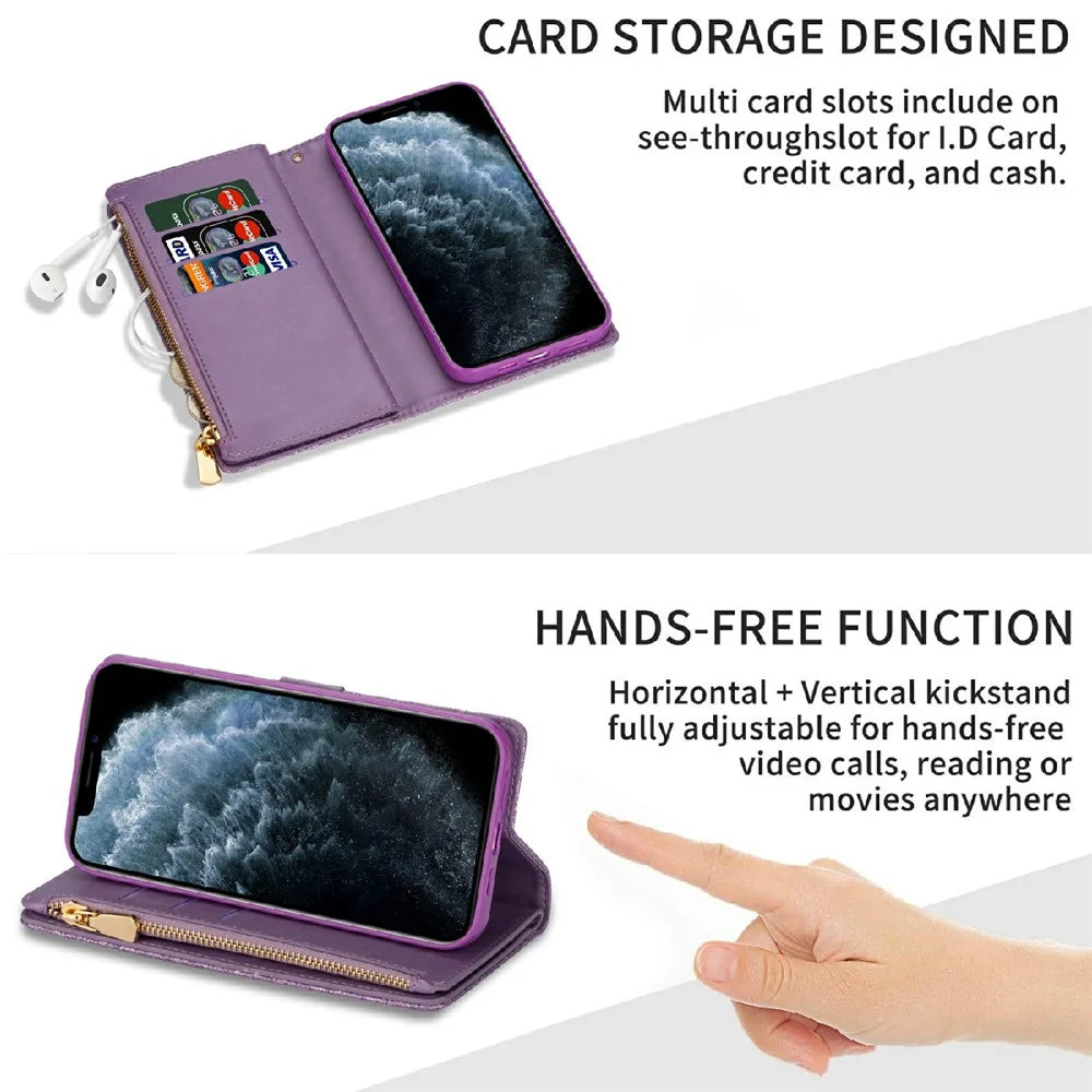 Glittery Starry Style Laser Carving Zipper Wallet Stand Leather Phone Case for iPhone 13 mini 5.4 inch - Purple - 4