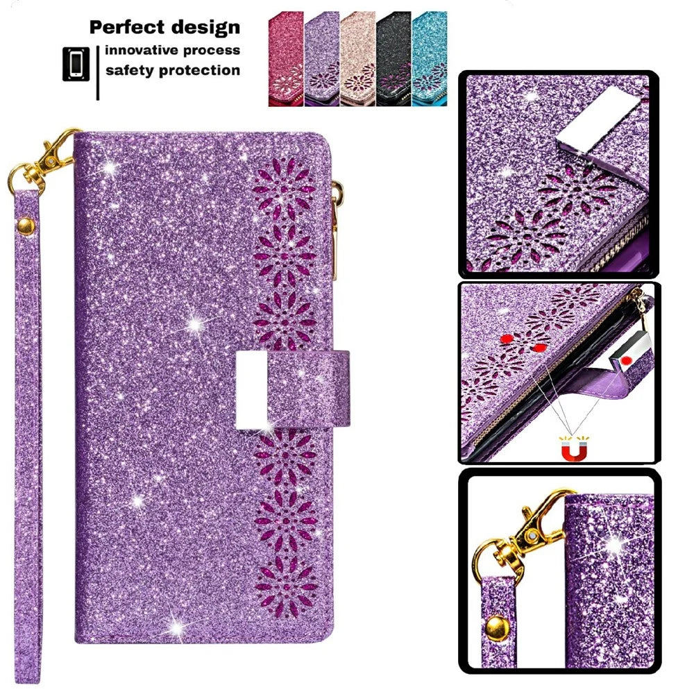 Glittery Starry Style Laser Carving Zipper Wallet Stand Leather Phone Case for iPhone 13 mini 5.4 inch - Purple - 6