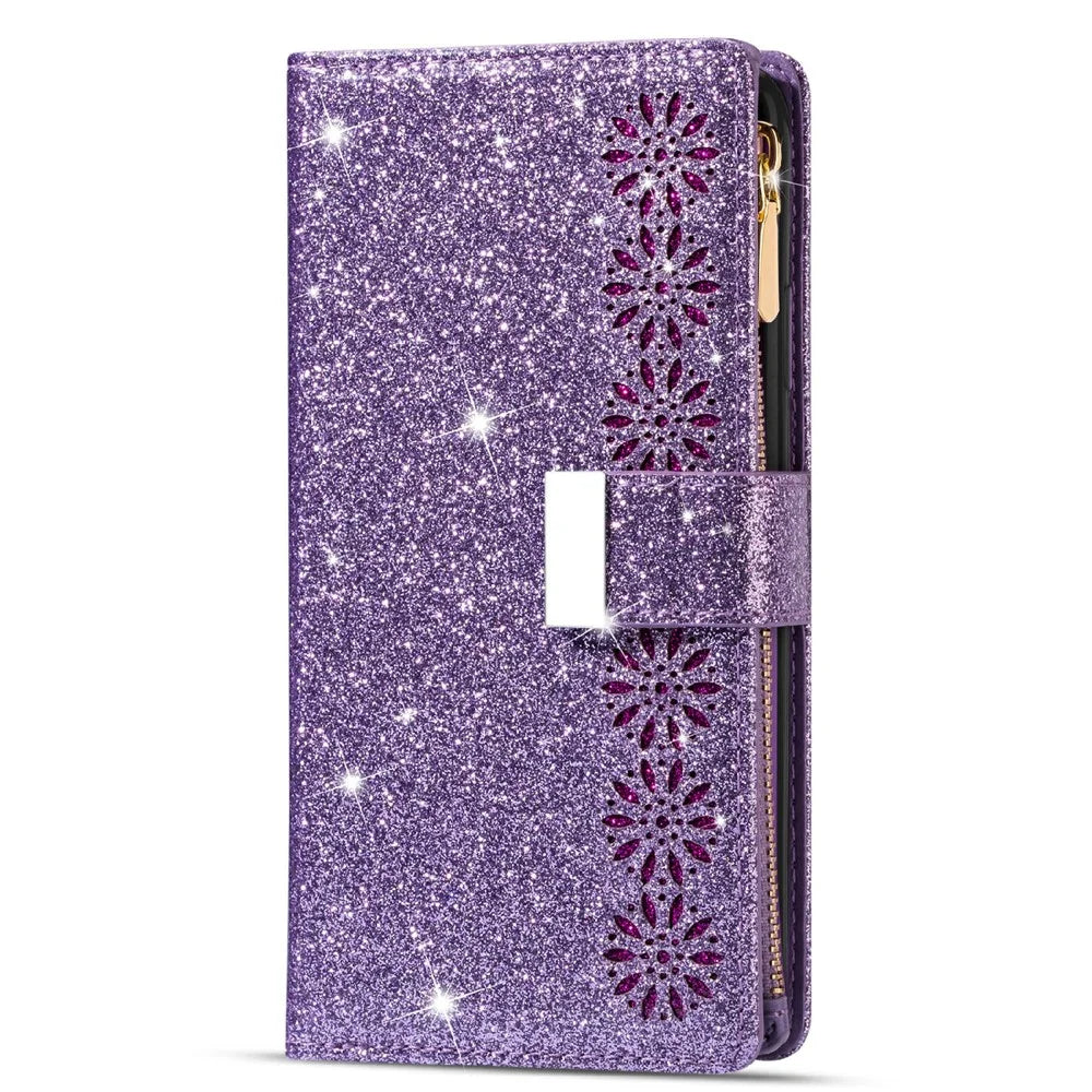 Glittery Starry Style Laser Carving Zipper Wallet Stand Leather Phone Case for iPhone 13 mini 5.4 inch - Purple - 7